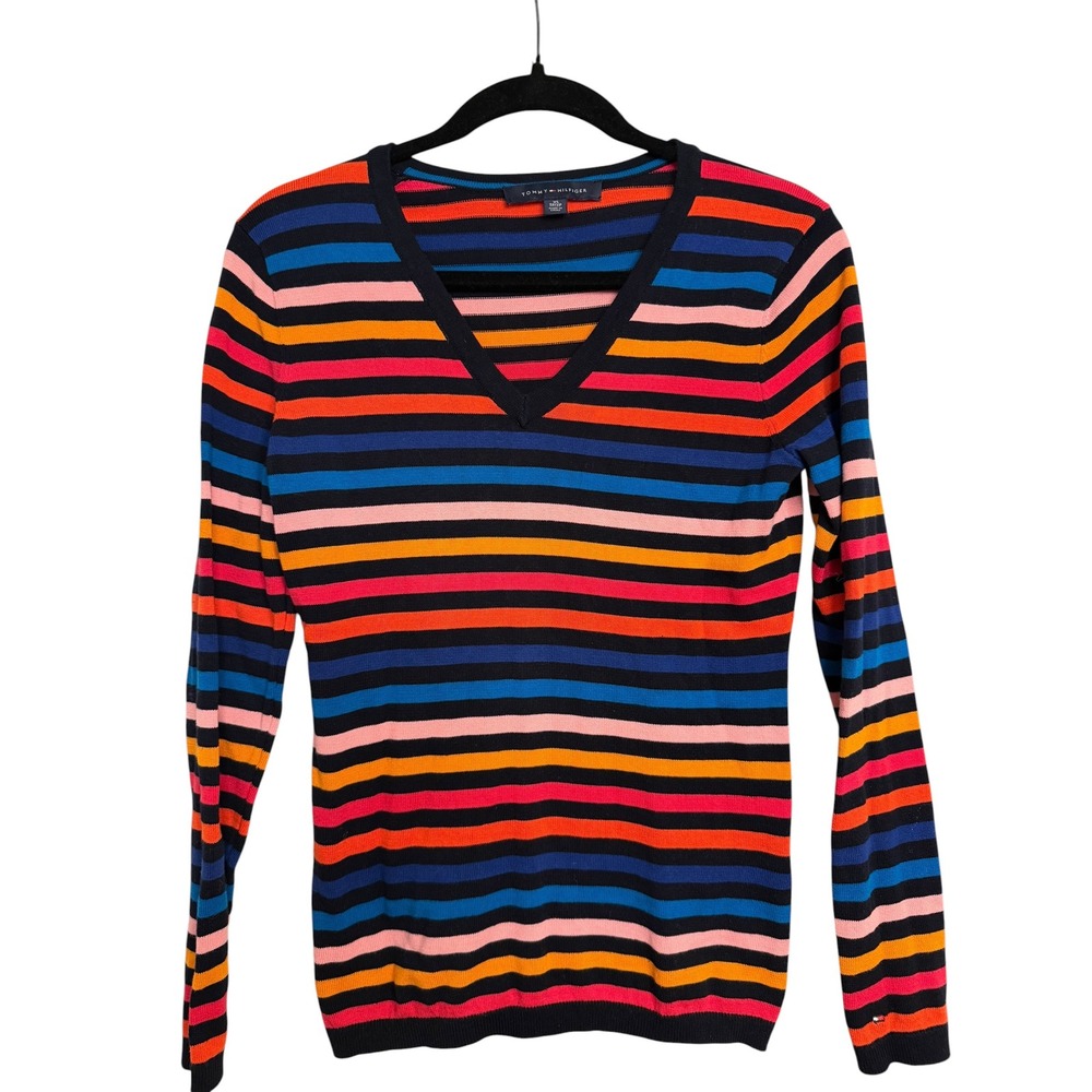 Tommy Hilfiger Womens XS Multi Color Striped V-Neck Long Sleeve Sweater